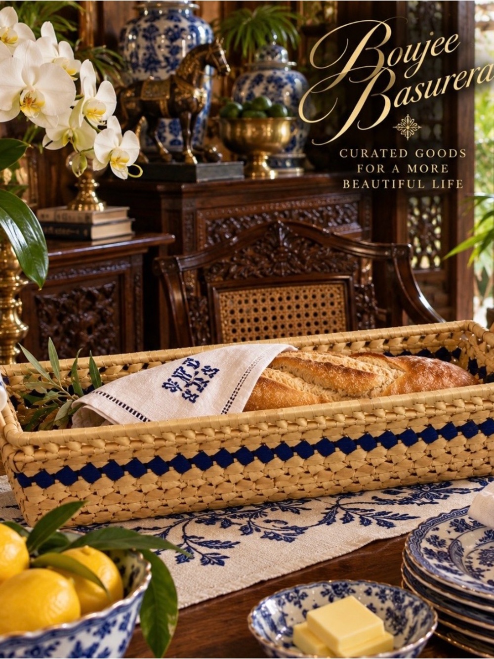 Title
Vintage Blue White Chinoiserie Woven Bread Basket Ceramic Handles